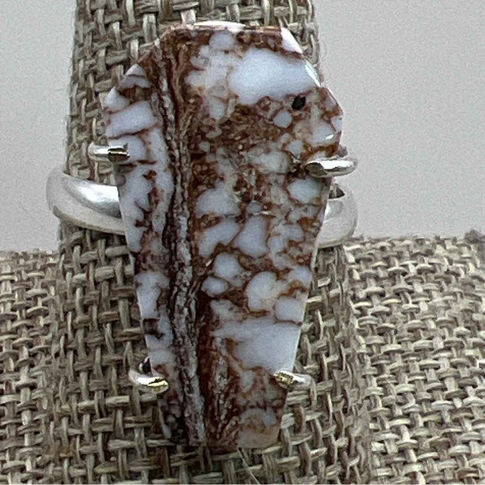 Wild Horse Jasper Stone Prong Set Coffin Cut Silver Overlay Ring Size 9.25